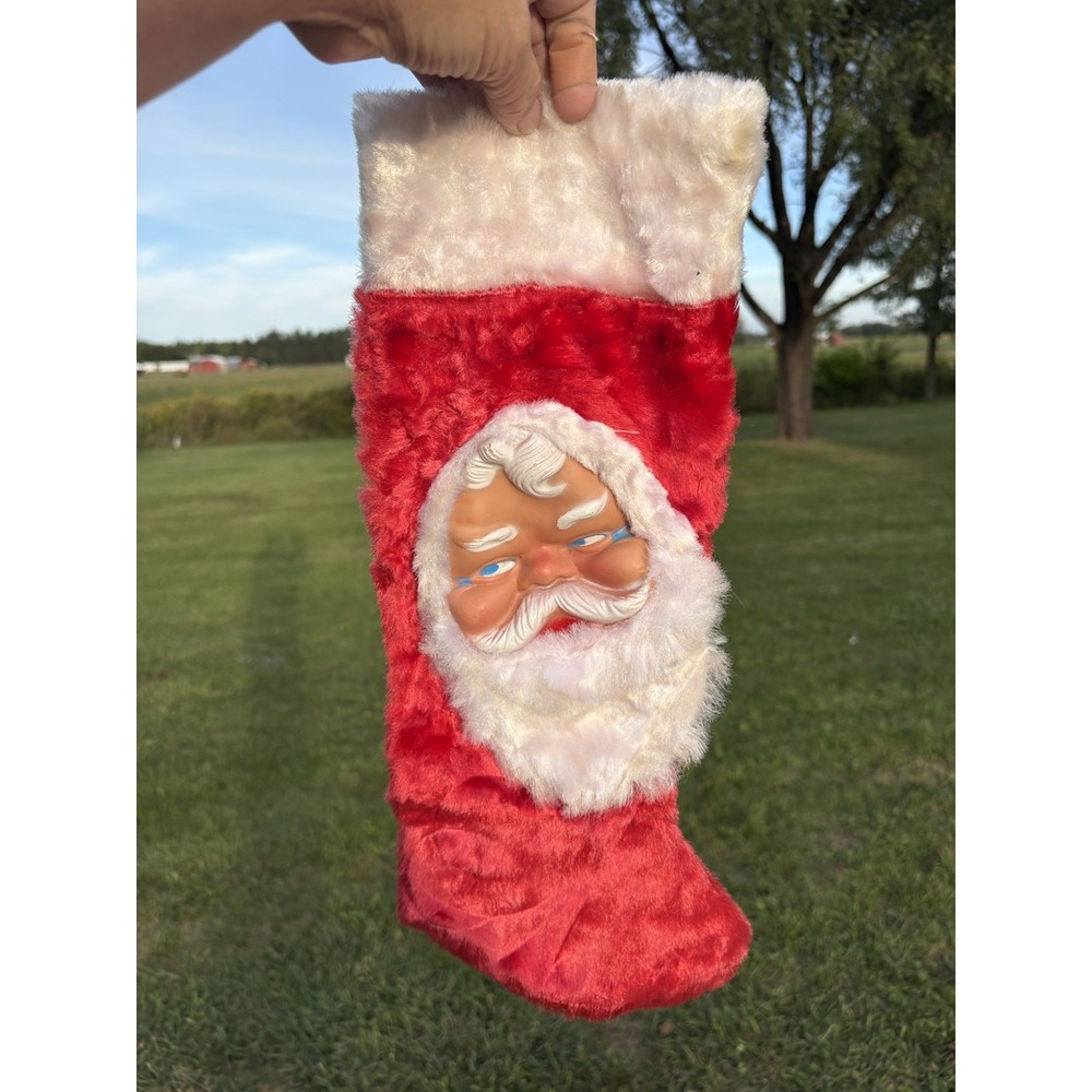 Vintage 1950's Rubber Face Plush Red Santa Stocking Christmas White Beard
